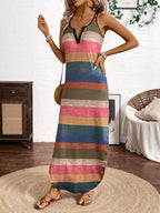 Breezaya Vertical Striped Multi-Colored Spaghetti Strap Dress Maxi Women Outfit