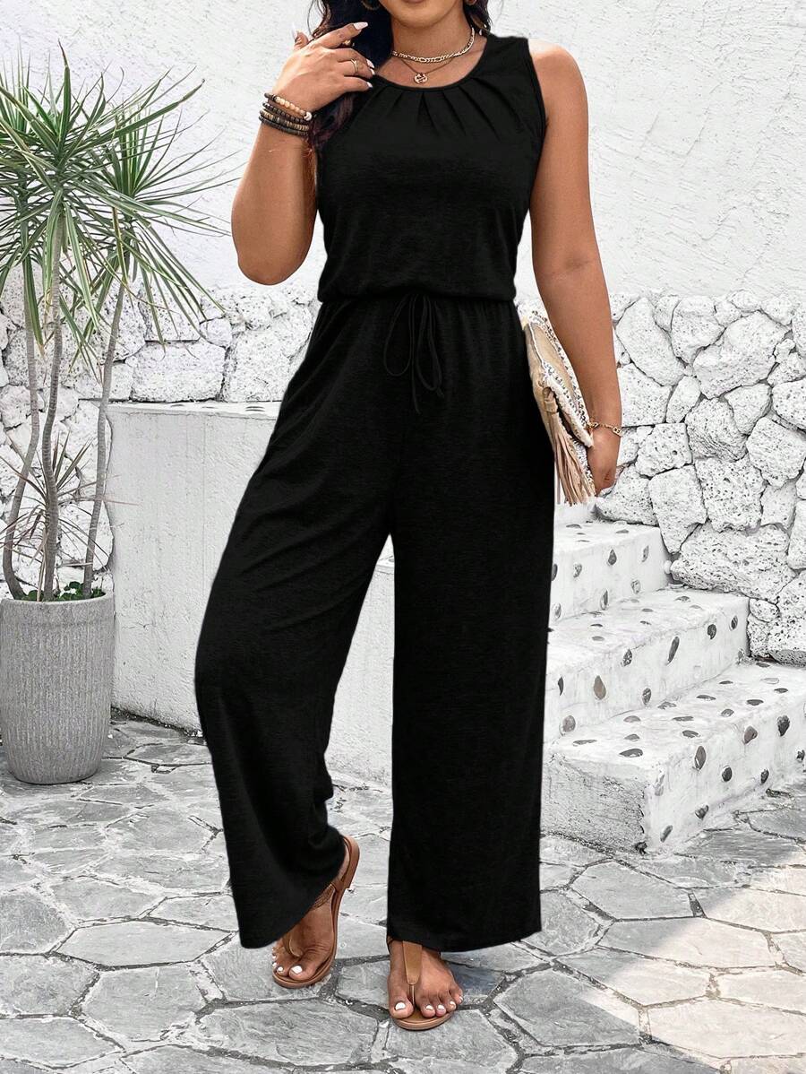 EMERY ROSE Plus Size Women's Solid Color Simple Sleeveless Jumpsuit For Daily Wear