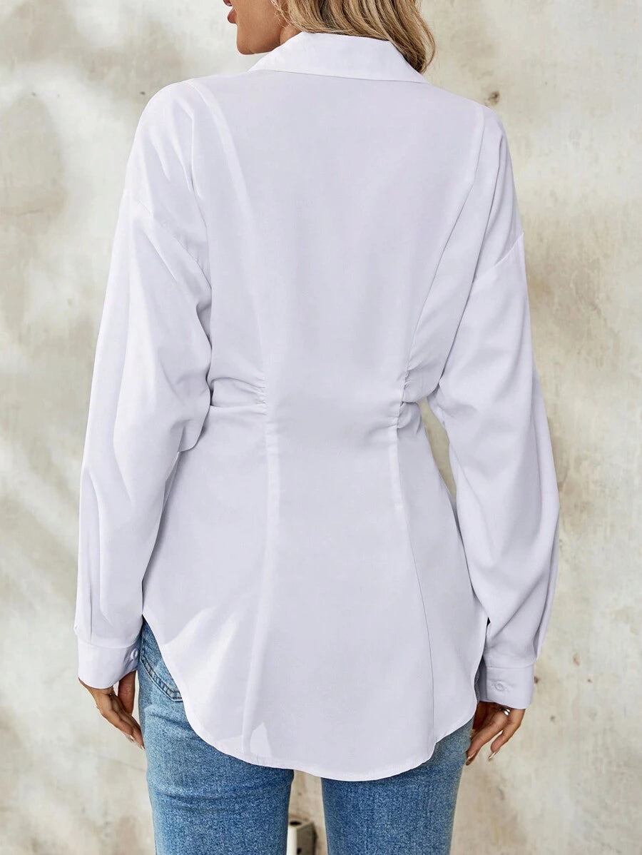 Airlisse Women's French Elegant Casual Cinched Waist Ruched Long Sleeve White Blouse, Suitable For Work And School
