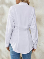 Airlisse Women's French Elegant Casual Cinched Waist Ruched Long Sleeve White Blouse, Suitable For Work And School