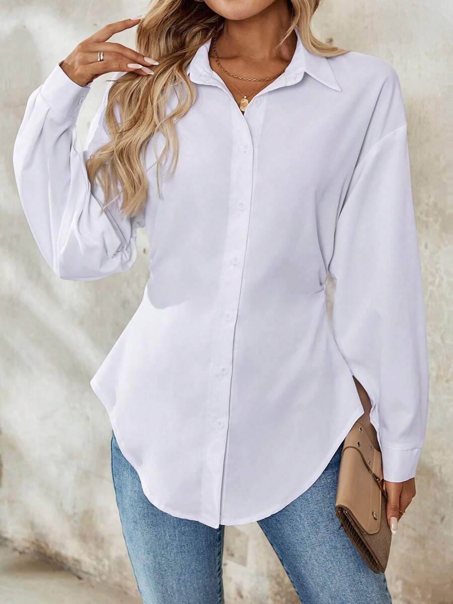 Airlisse Women's French Elegant Casual Cinched Waist Ruched Long Sleeve White Blouse, Suitable For Work And School