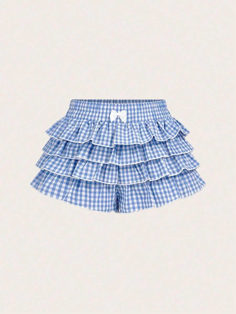 SHEIN MOD Casual Low-Waist Plaid Bodycon Ruffled Women's Ultra-Short Shorts Back To School Clothes Women Blue And White Boxer Shorts Simple Daily