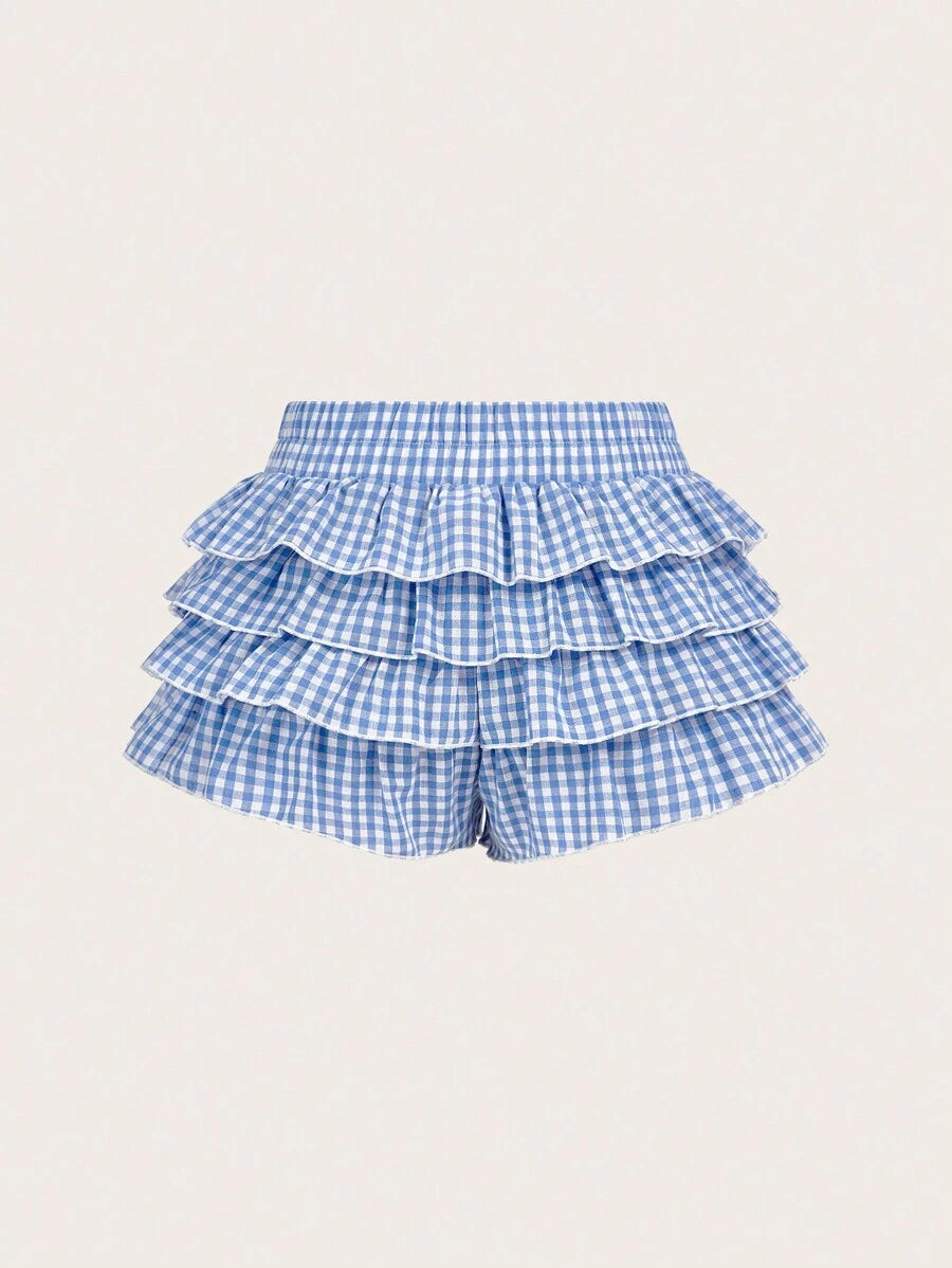 SHEIN MOD Casual Low-Waist Plaid Bodycon Ruffled Women's Ultra-Short Shorts Back To School Clothes Women Blue And White Boxer Shorts Simple Daily