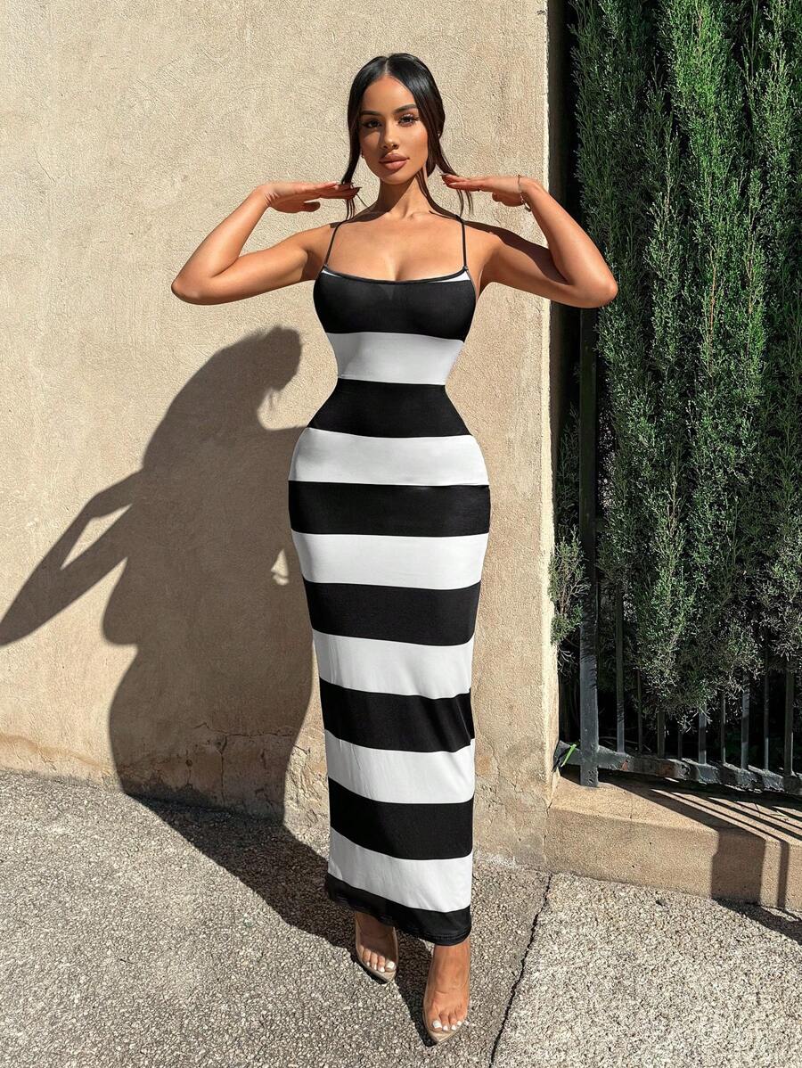 Sirith Women's Clothing Summer Casual Vacation Halter Neckline Outfits Striped Print Crisscross Tie Backless Cami Bodycon Dress Maxi Women Outfit