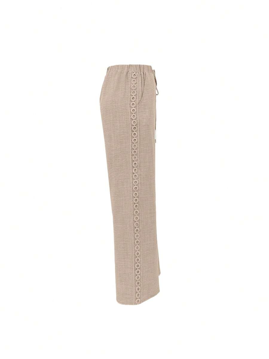 EMERY ROSE Women's Denim Effect Linen Blend Pants With Lace Hem Fall Cloth For Women
