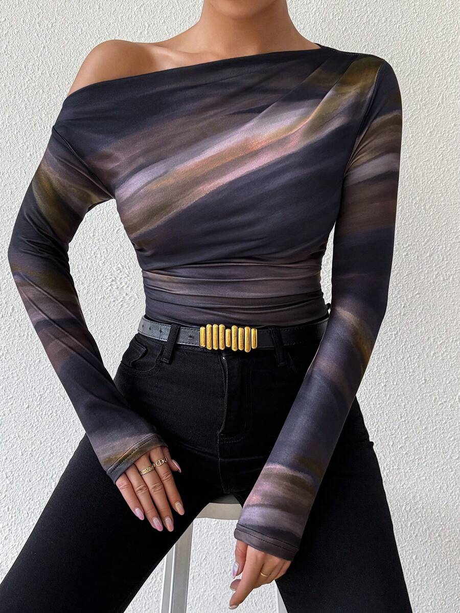 EMERY ROSE Women's Marble Ombre Print Asymmetric Neck Fitted Elegant Pleated Long Sleeve T-Shirt Graphic Tees Women Tops For Spring Outfit