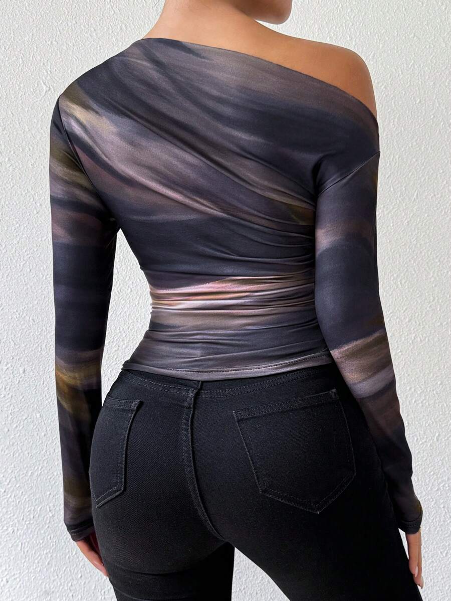 EMERY ROSE Women's Marble Ombre Print Asymmetric Neck Fitted Elegant Pleated Long Sleeve T-Shirt Graphic Tees Women Tops For Spring Outfit