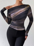 EMERY ROSE Women's Marble Ombre Print Asymmetric Neck Fitted Elegant Pleated Long Sleeve T-Shirt Graphic Tees Women Tops For Spring Outfit