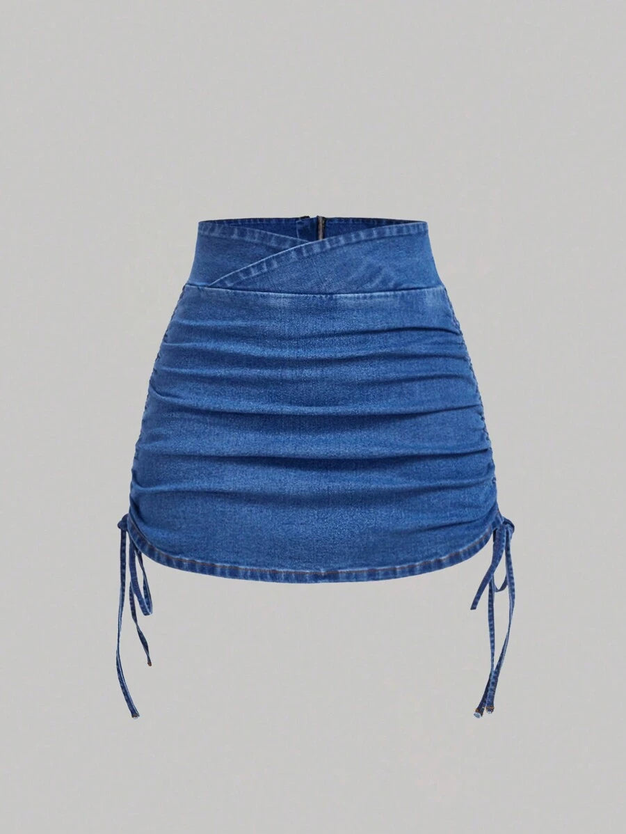 SHEIN x Lina SHEIN MOD Women's Casual Denim Skirt With Zipper Back And Side Ruched Design