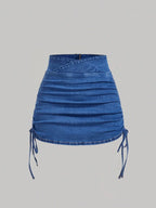 SHEIN x Lina SHEIN MOD Women's Casual Denim Skirt With Zipper Back And Side Ruched Design