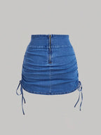SHEIN x Lina SHEIN MOD Women's Casual Denim Skirt With Zipper Back And Side Ruched Design