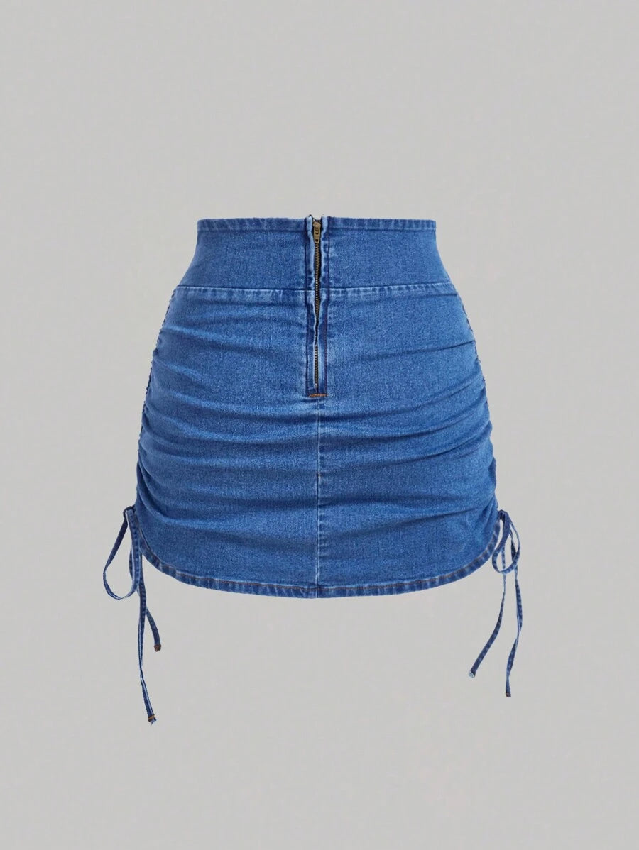 SHEIN x Lina SHEIN MOD Women's Casual Denim Skirt With Zipper Back And Side Ruched Design