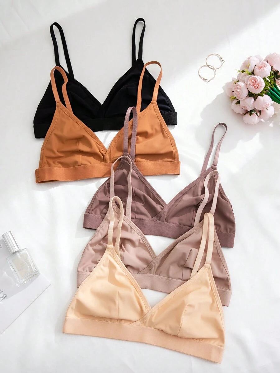 5pcs Women's Solid Color Non-Wired Bra With Spaghetti Strap