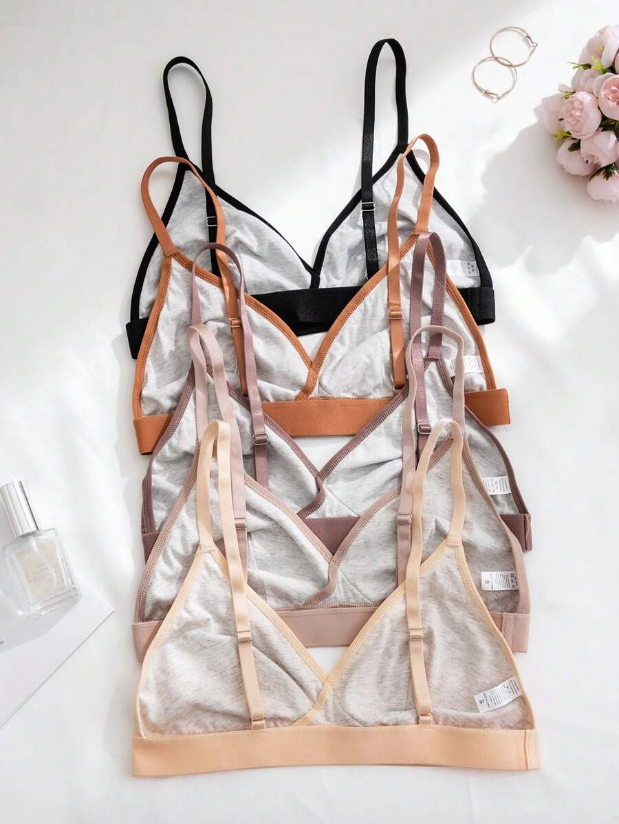 5pcs Women's Solid Color Non-Wired Bra With Spaghetti Strap
