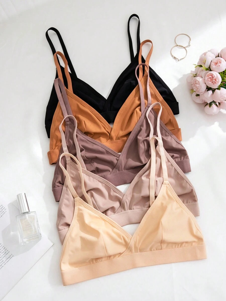 5pcs Women's Solid Color Non-Wired Bra With Spaghetti Strap