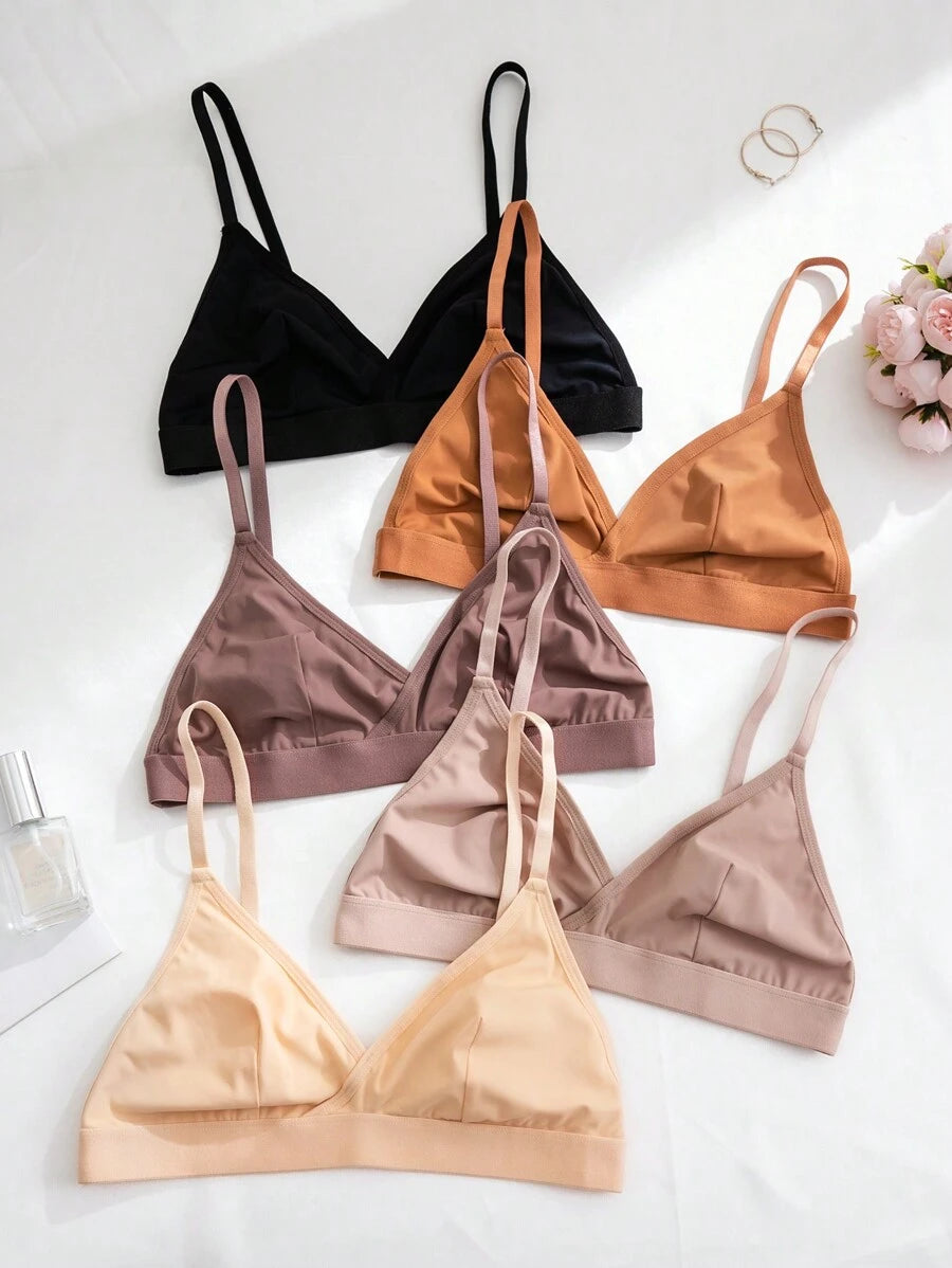 5pcs Women's Solid Color Non-Wired Bra With Spaghetti Strap