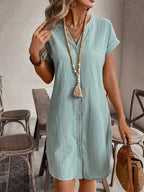 EMERY ROSE Solid Notched Button Front Batwing Sleeve Shirt Dress,Summer Dresses For Women