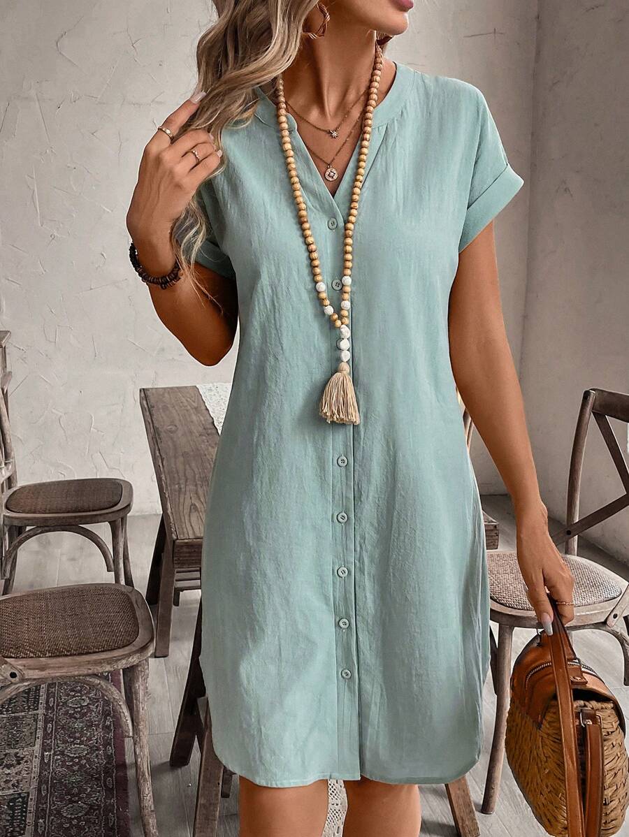 EMERY ROSE Solid Notched Button Front Batwing Sleeve Shirt Dress,Summer Dresses For Women