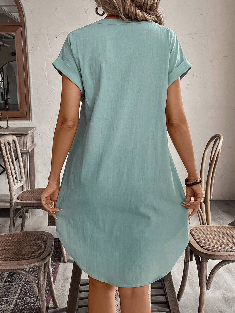 EMERY ROSE Solid Notched Button Front Batwing Sleeve Shirt Dress,Summer Dresses For Women