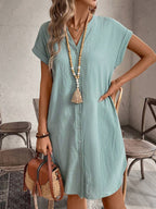 EMERY ROSE Solid Notched Button Front Batwing Sleeve Shirt Dress,Summer Dresses For Women