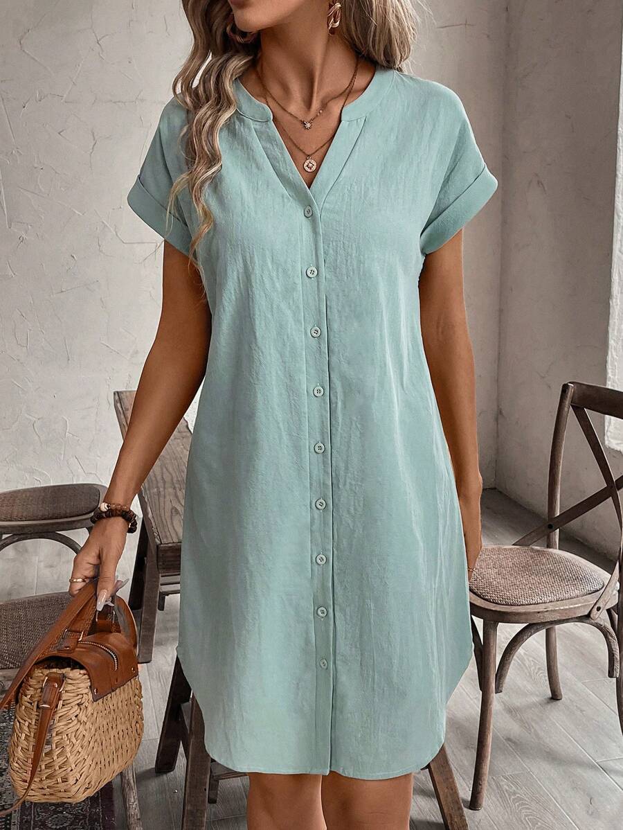 EMERY ROSE Solid Notched Button Front Batwing Sleeve Shirt Dress,Summer Dresses For Women