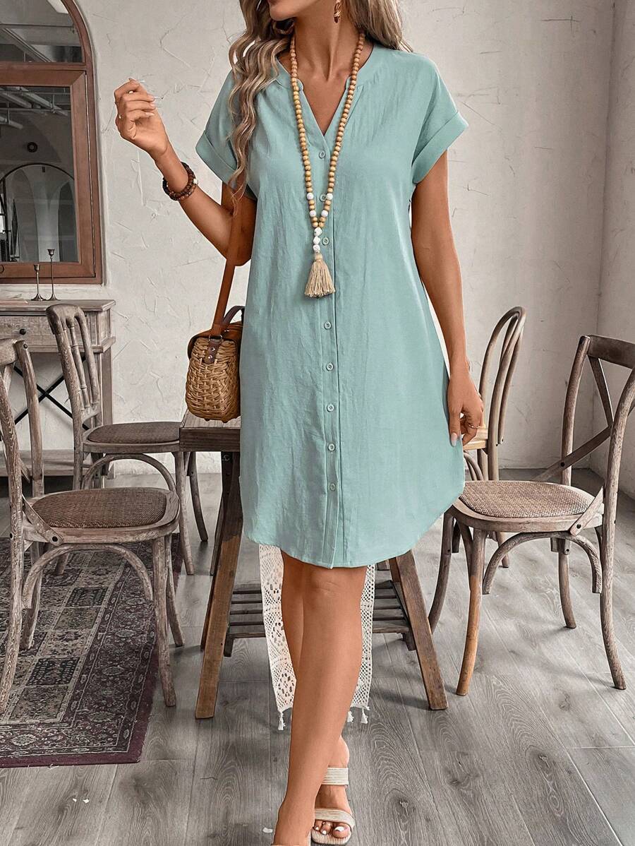 EMERY ROSE Solid Notched Button Front Batwing Sleeve Shirt Dress,Summer Dresses For Women