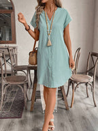 EMERY ROSE Solid Notched Button Front Batwing Sleeve Shirt Dress,Summer Dresses For Women