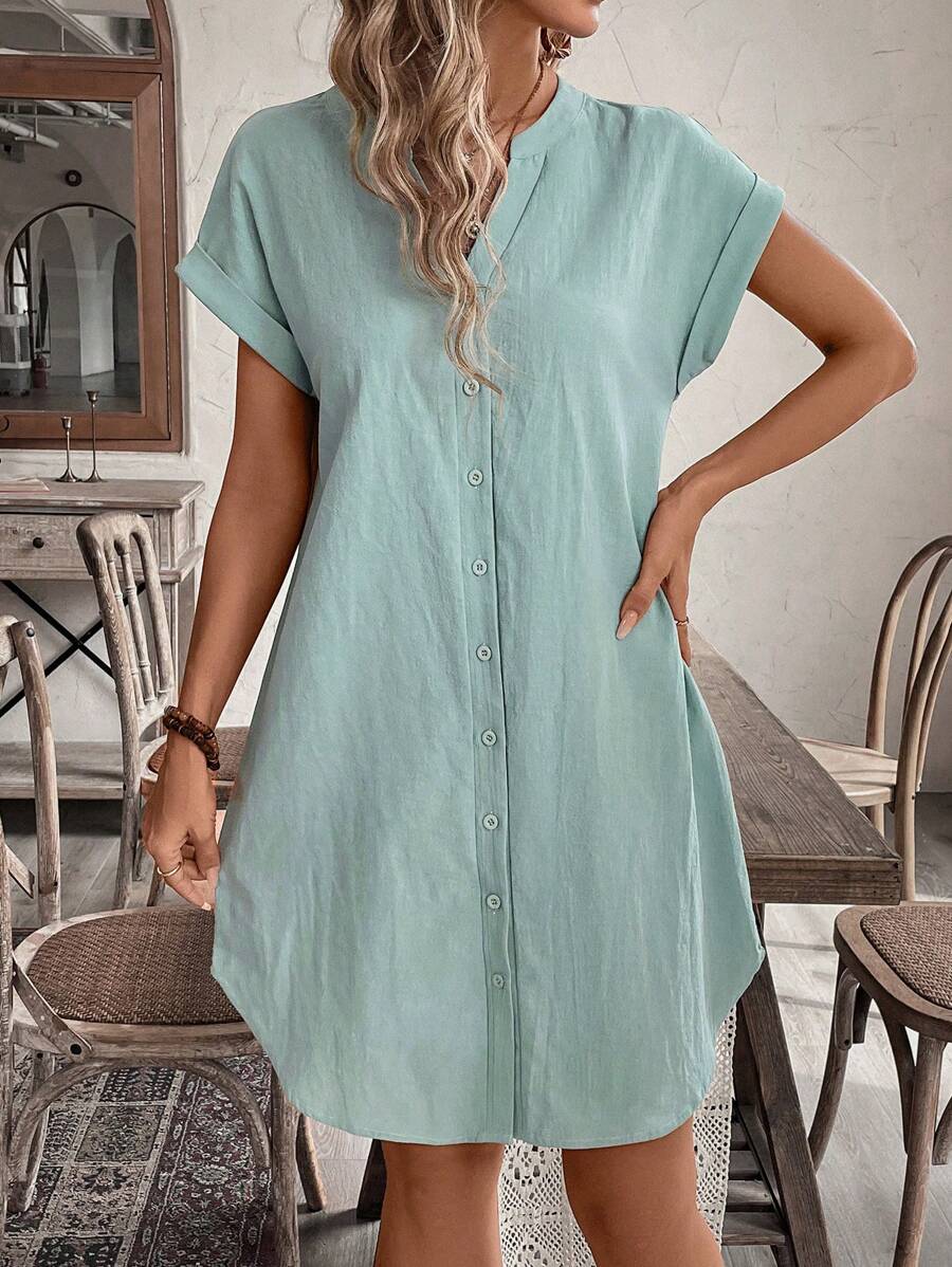 EMERY ROSE Solid Notched Button Front Batwing Sleeve Shirt Dress,Summer Dresses For Women