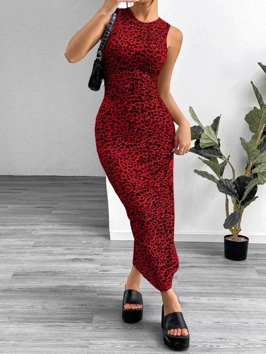SHEIN EZwear Leopard Print Knitted Sleeveless Bodycon Dress For Women,Summer Dresses For Women