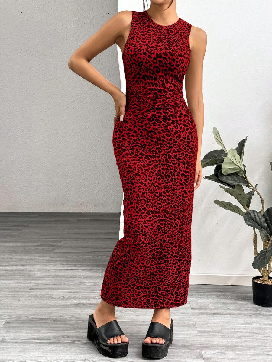 SHEIN EZwear Leopard Print Knitted Sleeveless Bodycon Dress For Women,Summer Dresses For Women