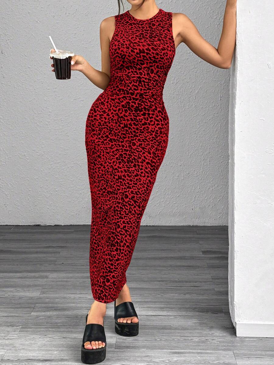 SHEIN EZwear Leopard Print Knitted Sleeveless Bodycon Dress For Women,Summer Dresses For Women