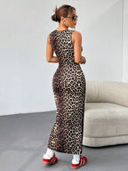 SHEIN EZwear Leopard Print Knitted Sleeveless Bodycon Dress For Women,Summer Dresses For Women