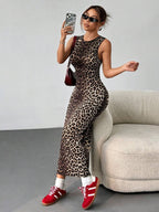 SHEIN EZwear Leopard Print Knitted Sleeveless Bodycon Dress For Women,Summer Dresses For Women