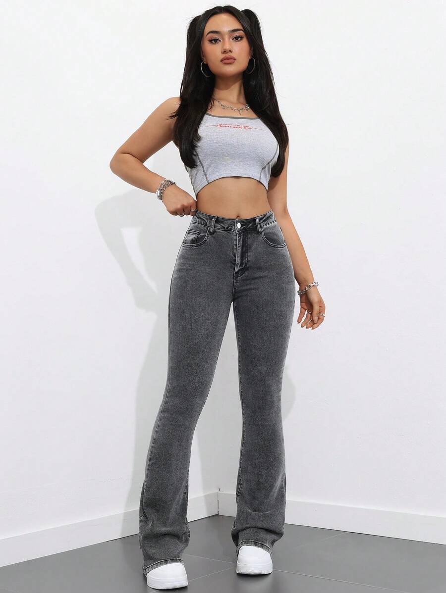 Flexra Women Flared Pocket Casual All-Match Denim Flared Jeans Y2k Bootcut Jeans
