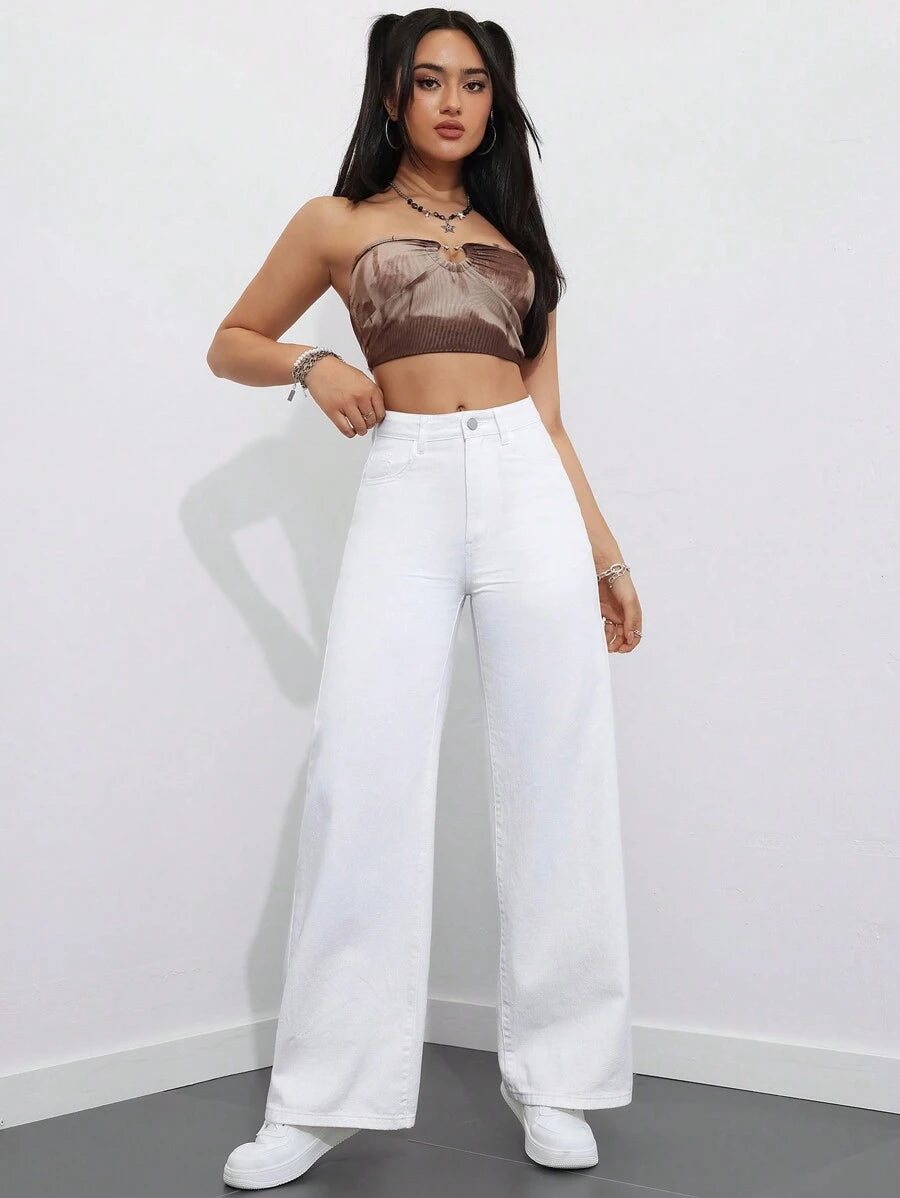 SHEIN ICON Women's Loose Fit Wide Leg Pockets Casual Versatile Jeans Pants
