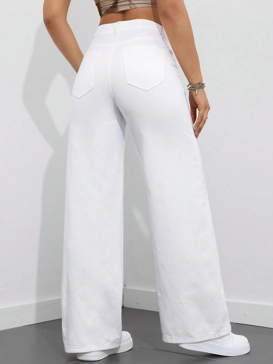 SHEIN ICON Women's Loose Fit Wide Leg Pockets Casual Versatile Jeans Pants