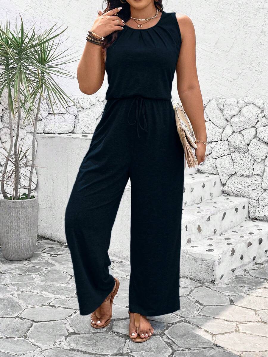 EMERY ROSE Plus Size Women's Solid Color Simple Sleeveless Jumpsuit For Daily Wear