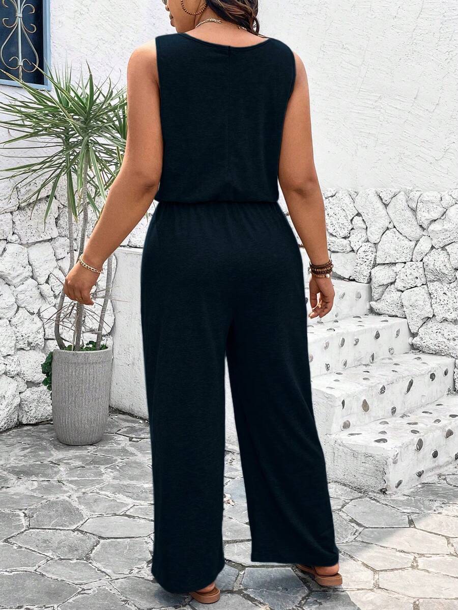 EMERY ROSE Plus Size Women's Solid Color Simple Sleeveless Jumpsuit For Daily Wear