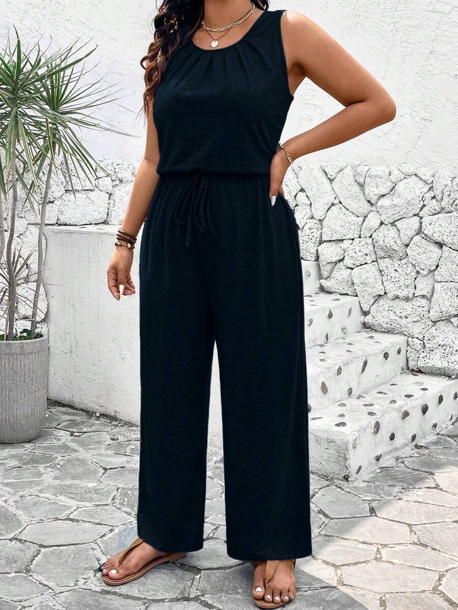 EMERY ROSE Plus Size Women's Solid Color Simple Sleeveless Jumpsuit For Daily Wear