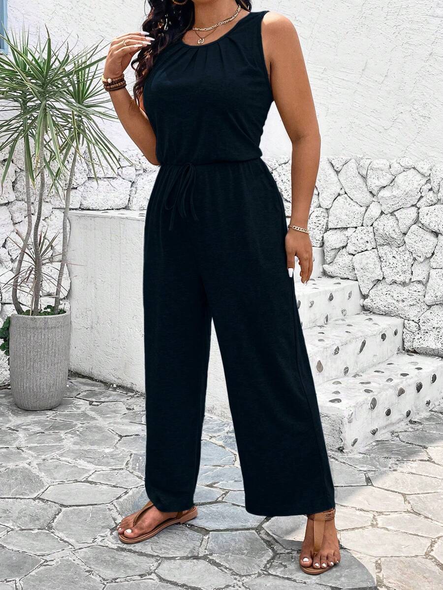 EMERY ROSE Plus Size Women's Solid Color Simple Sleeveless Jumpsuit For Daily Wear