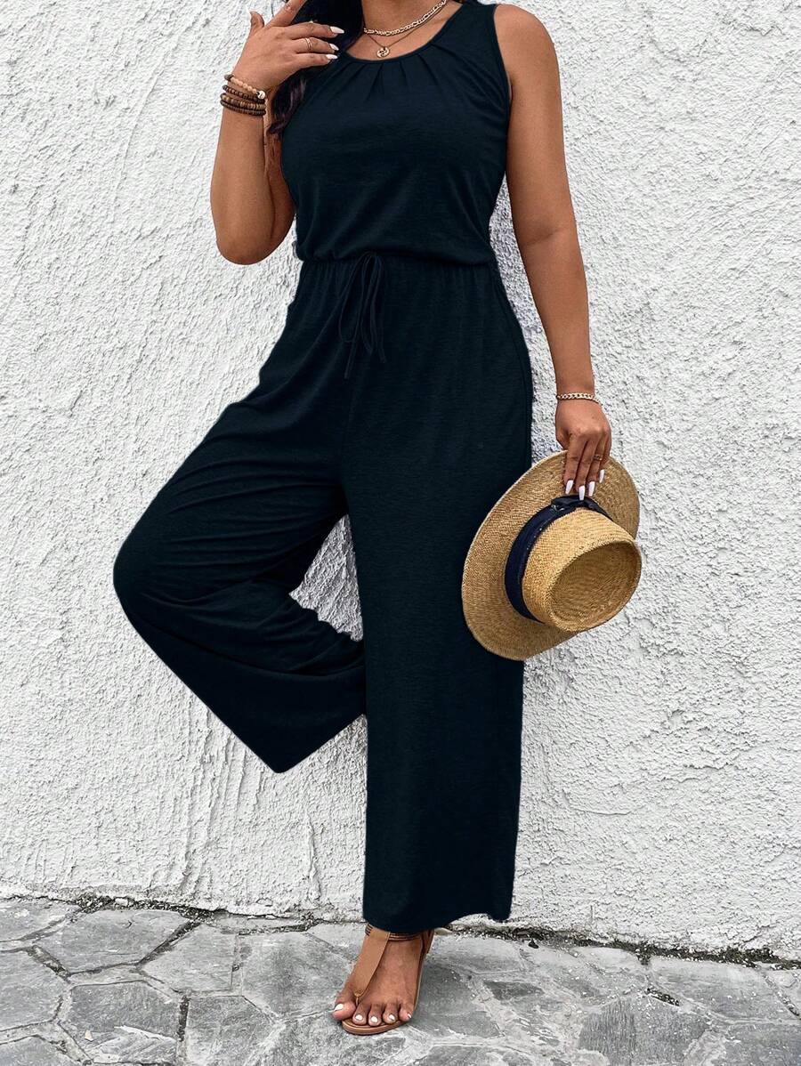 EMERY ROSE Plus Size Women's Solid Color Simple Sleeveless Jumpsuit For Daily Wear