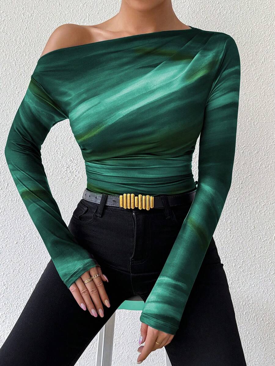 EMERY ROSE Women's Marble Ombre Print Asymmetric Neck Fitted Elegant Pleated Long Sleeve T-Shirt Graphic Tees Women Tops For Spring Outfit
