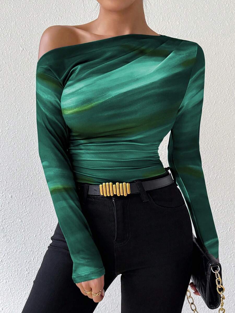 EMERY ROSE Women's Marble Ombre Print Asymmetric Neck Fitted Elegant Pleated Long Sleeve T-Shirt Graphic Tees Women Tops For Spring Outfit
