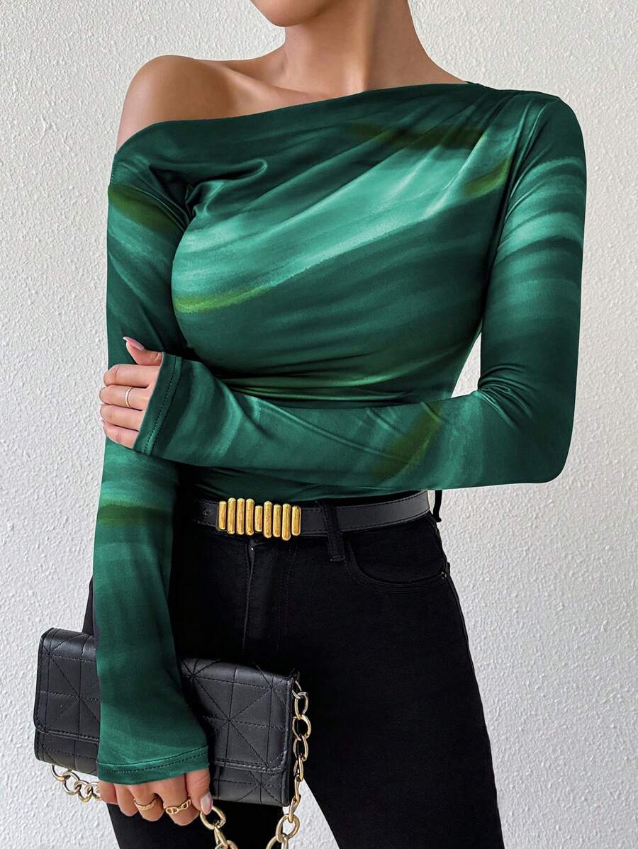 EMERY ROSE Women's Marble Ombre Print Asymmetric Neck Fitted Elegant Pleated Long Sleeve T-Shirt Graphic Tees Women Tops For Spring Outfit
