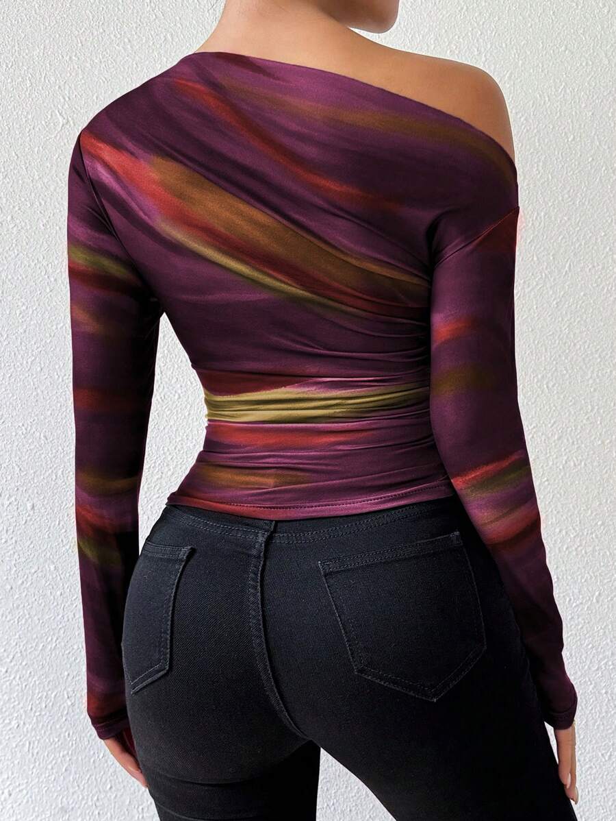 EMERY ROSE Women's Marble Ombre Print Asymmetric Neck Fitted Elegant Pleated Long Sleeve T-Shirt Graphic Tees Women Tops For Spring Outfit
