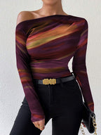 EMERY ROSE Women's Marble Ombre Print Asymmetric Neck Fitted Elegant Pleated Long Sleeve T-Shirt Graphic Tees Women Tops For Spring Outfit