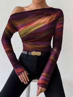 EMERY ROSE Women's Marble Ombre Print Asymmetric Neck Fitted Elegant Pleated Long Sleeve T-Shirt Graphic Tees Women Tops For Spring Outfit