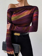 EMERY ROSE Women's Marble Ombre Print Asymmetric Neck Fitted Elegant Pleated Long Sleeve T-Shirt Graphic Tees Women Tops For Spring Outfit
