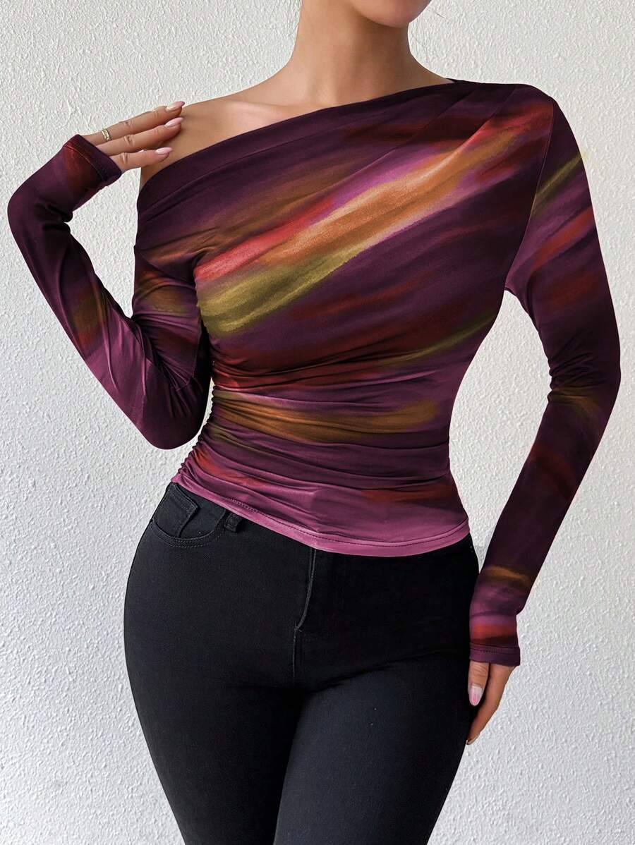 EMERY ROSE Women's Marble Ombre Print Asymmetric Neck Fitted Elegant Pleated Long Sleeve T-Shirt Graphic Tees Women Tops For Spring Outfit
