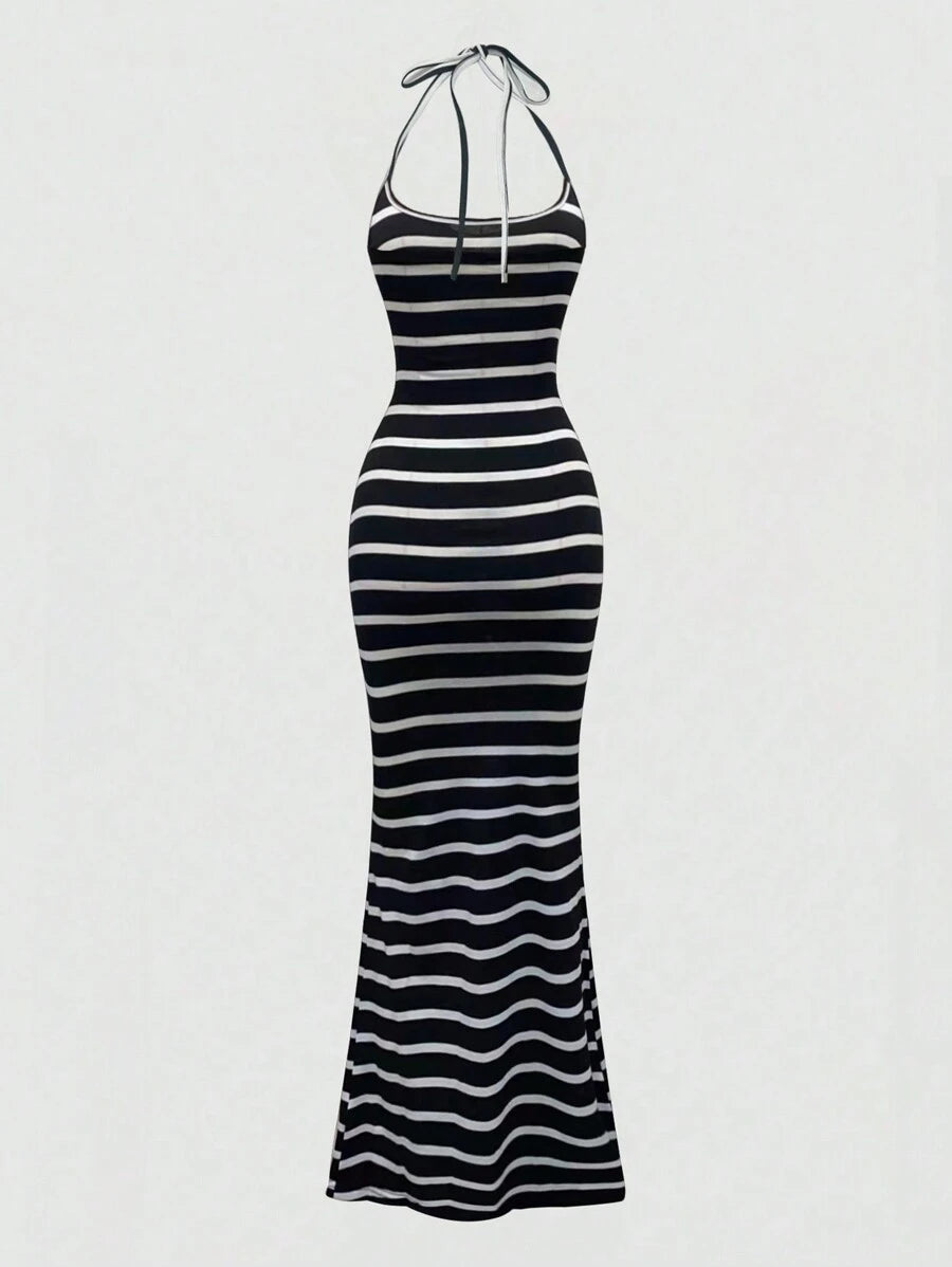 Sweetra Women Fitted Halter Mermaid Dress, Black Maxi Women Outfit